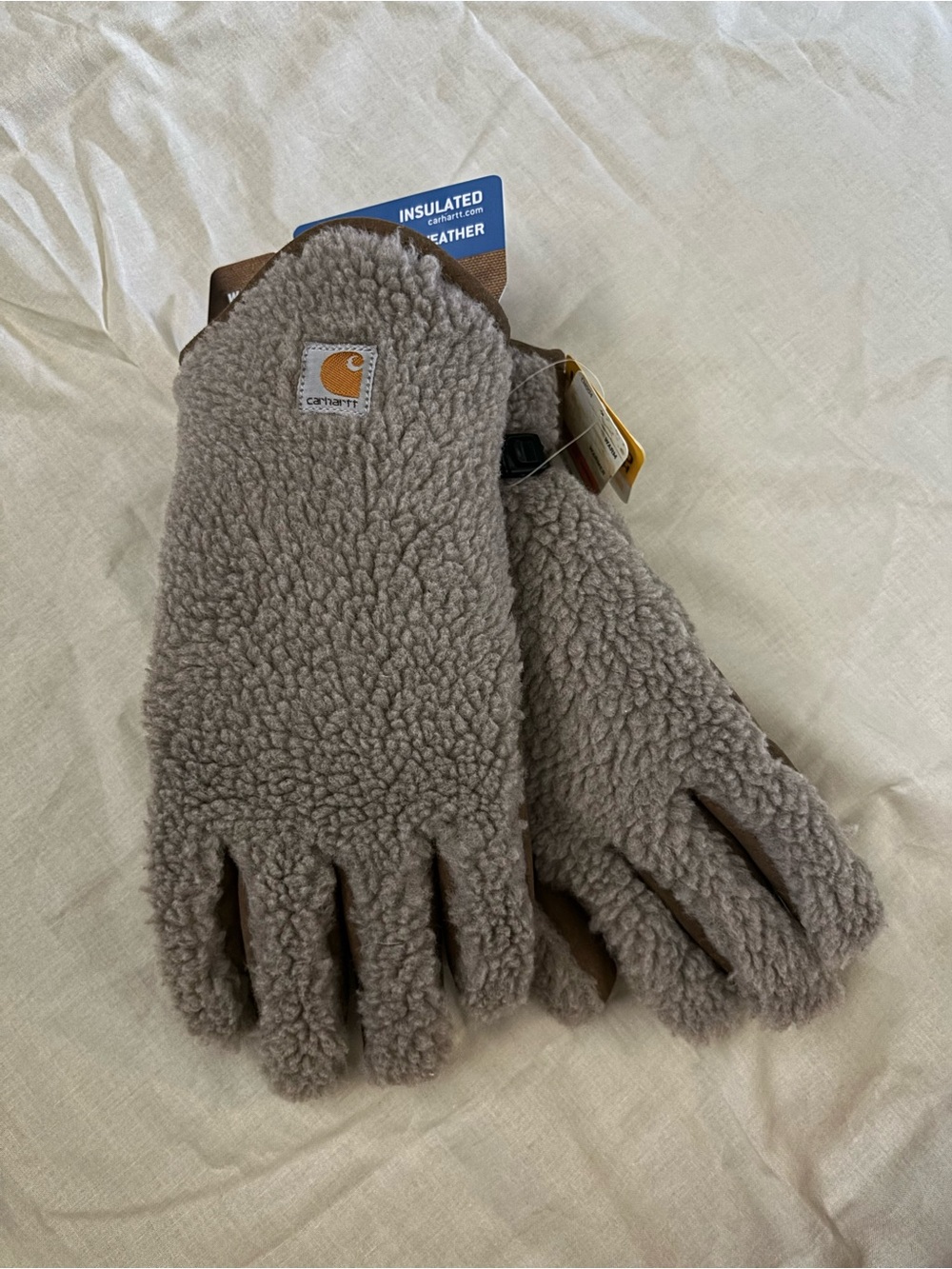Carhartt Taupe Sherpa Fleece Mittens with Logo Patch